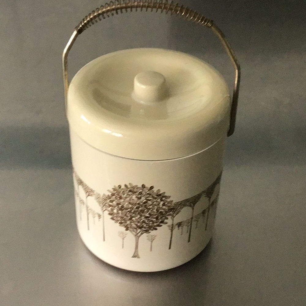 Vintage Otagiri Japan, ice bucket w/ insert. Cream color w/ gold tree decor.